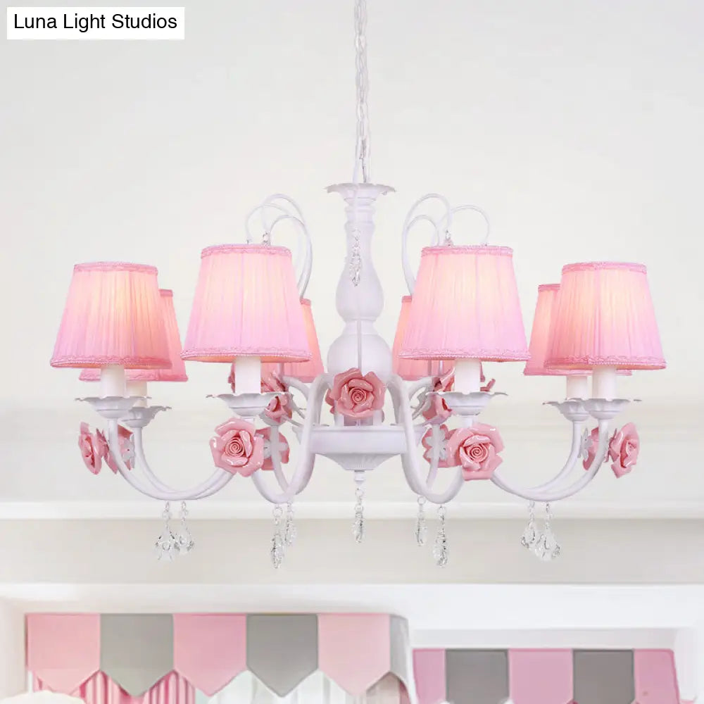 Pastoral Pink Pleated Shade Chandelier With Crystal Drop - Dining Room Pendant (3/6/8 Lights)