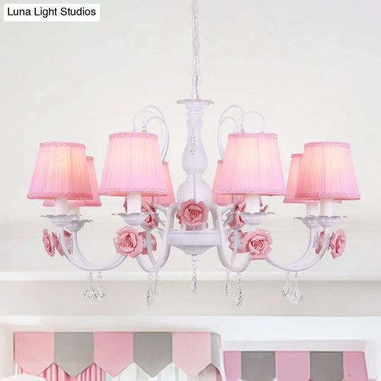 Pastoral Pink Pleated Shade Chandelier With Crystal Drop - Dining Room Pendant (3/6/8 Lights)