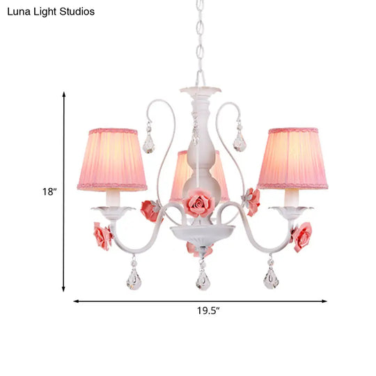 Pastoral Pink Pleated Shade Chandelier With Crystal Drop - Dining Room Pendant (3/6/8 Lights)
