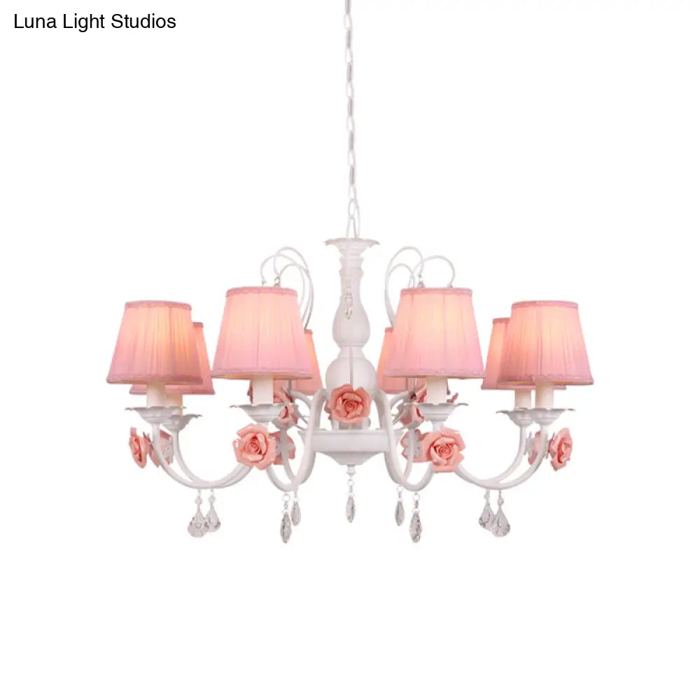 Pastoral Pink Pleated Shade Chandelier With Crystal Drop - Dining Room Pendant (3/6/8 Lights)