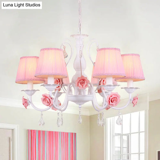Pastoral Pink Pleated Shade Chandelier With Crystal Drop - Dining Room Pendant (3/6/8 Lights)
