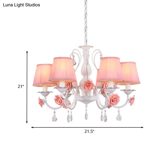 Pastoral Pink Pleated Shade Chandelier With Crystal Drop - Dining Room Pendant (3/6/8 Lights)