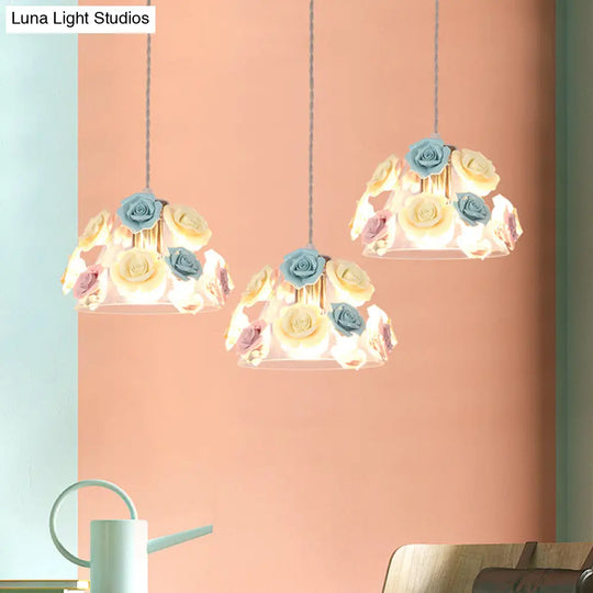 Pastoral Rose Ceramic Pendant Light: Pink-Blue Suspension Fixture For Dining Room