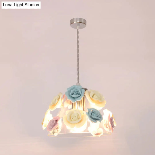 Pastoral Rose Ceramic Pendant Light: Pink-Blue Suspension Fixture For Dining Room