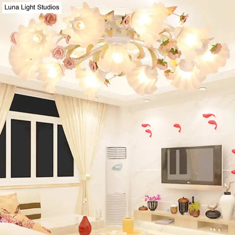 Pastoral Ruffle Ceiling Flush Lamp - 4/7/9 Frosted White Glass Heads Semi Mount For Dining Room