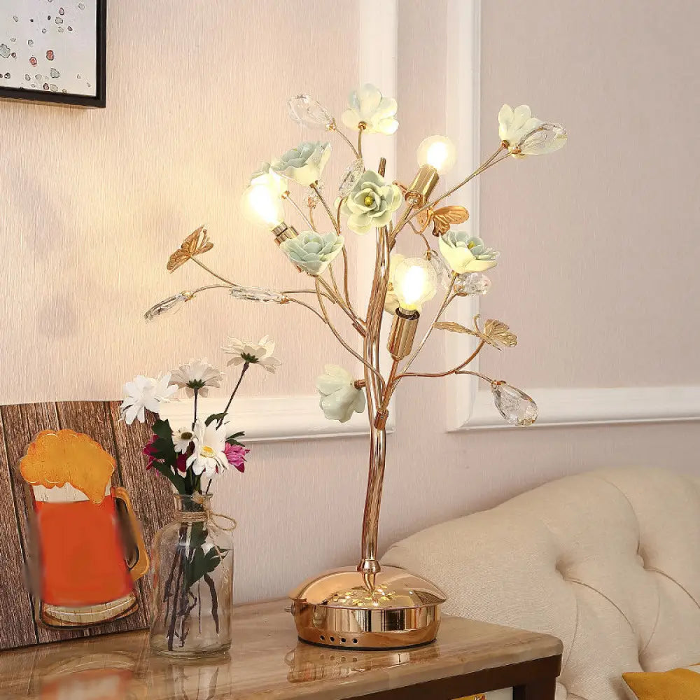 Pastoral Style Floral Ceramic Table Lamp With Decorative Crystal For Living Room Nightstand Green /