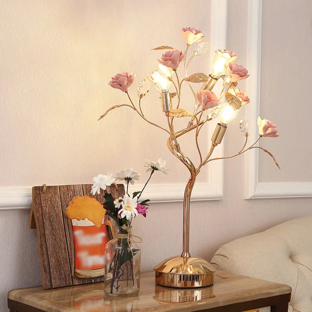 Pastoral Style Floral Ceramic Table Lamp With Decorative Crystal For Living Room Nightstand Pink / B