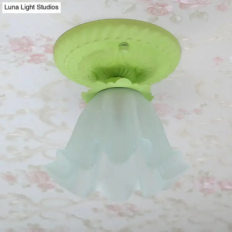 Pastoral Style Floral Flush Ceiling Light - White/Green/Pink Frosted Glass Single Bulb Mounted Lamp