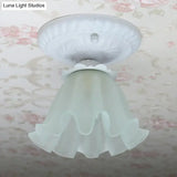 Pastoral Style Floral Flush Ceiling Light - White/Green/Pink Frosted Glass Single Bulb Mounted Lamp