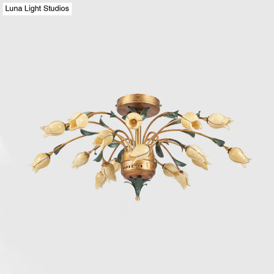 Pastoral Style Tulip Ceiling Lamp With 18 Brass Led Bulbs For Living Room Semi Flush Mount Lighting