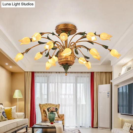 Pastoral Style Tulip Ceiling Lamp With 18 Brass Led Bulbs For Living Room Semi Flush Mount Lighting