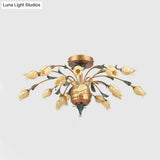 Pastoral Style Tulip Ceiling Lamp With 18 Brass Led Bulbs For Living Room Semi Flush Mount Lighting