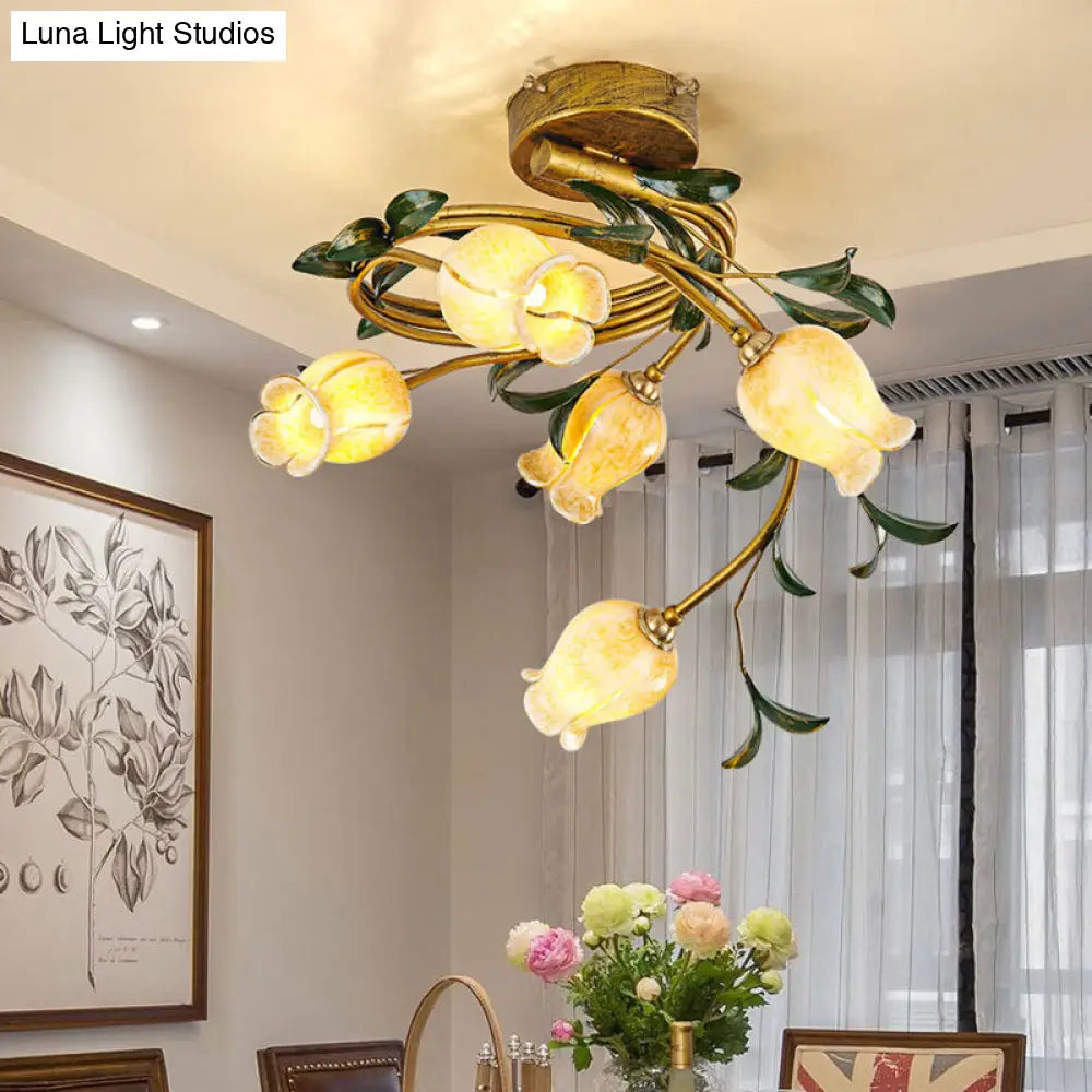 Pastoral Style Tulip Dining Semi-Flush Brass Ceiling Lamp With 5 Led Bulbs