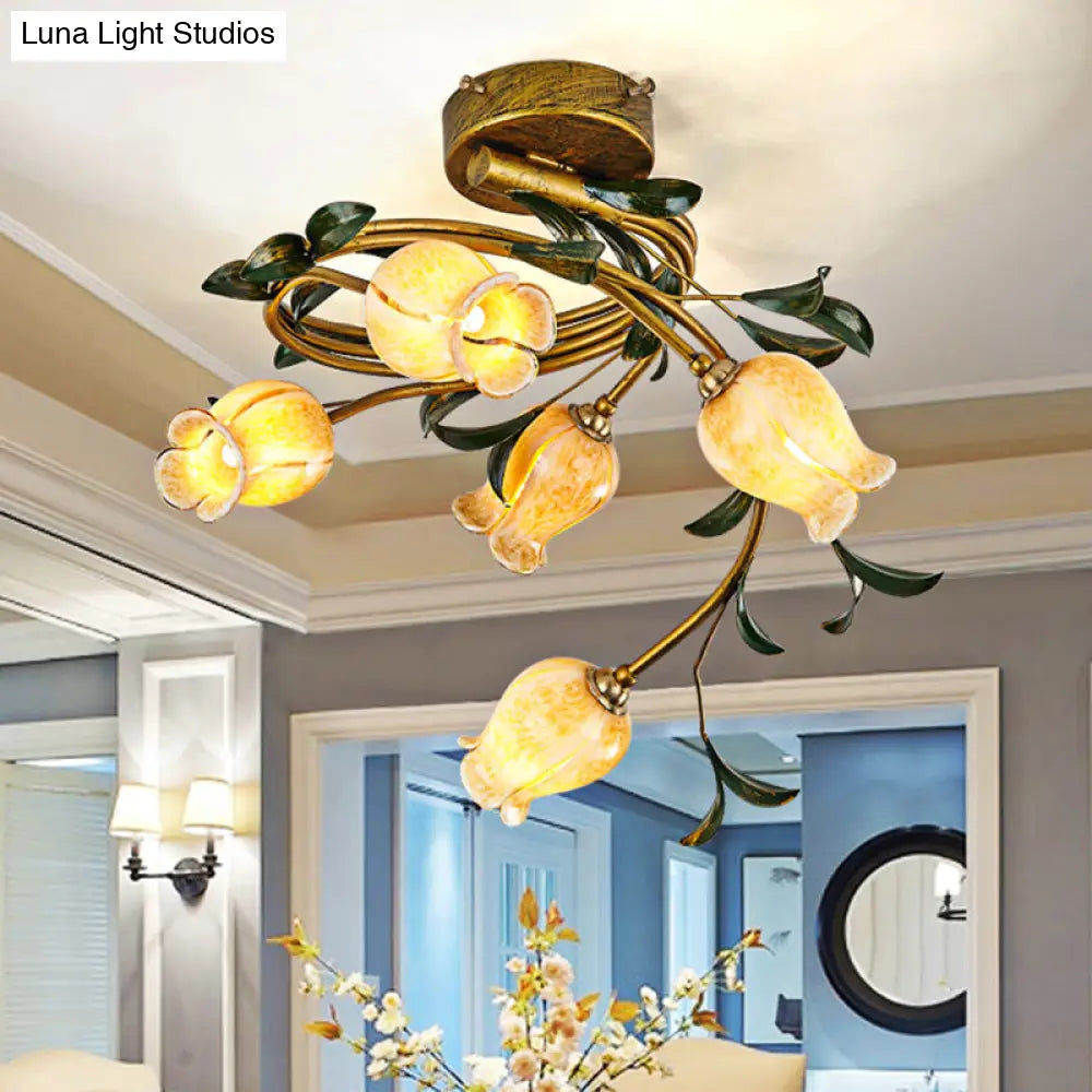 Pastoral Style Tulip Dining Semi - Flush Brass Ceiling Lamp With 5 Led Bulbs