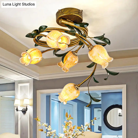 Pastoral Style Tulip Dining Semi - Flush Brass Ceiling Lamp With 5 Led Bulbs
