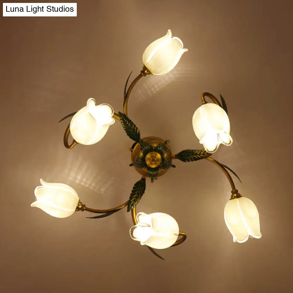 Pastoral Style White Glass Blossom Ceiling Light - Semi Flush Mount Lamp In Brass For Bedroom 6 /