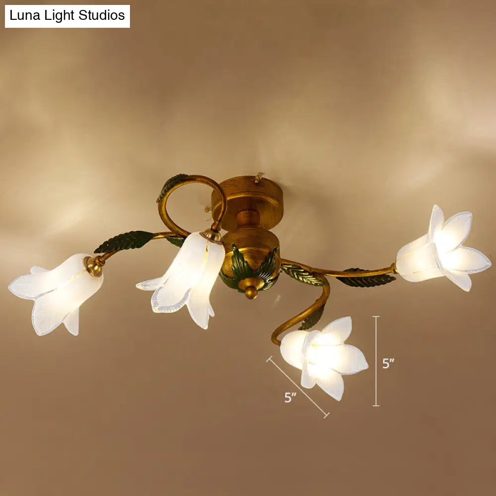Pastoral Style White Glass Blossom Ceiling Light - Semi Flush Mount Lamp In Brass For Bedroom 4 /