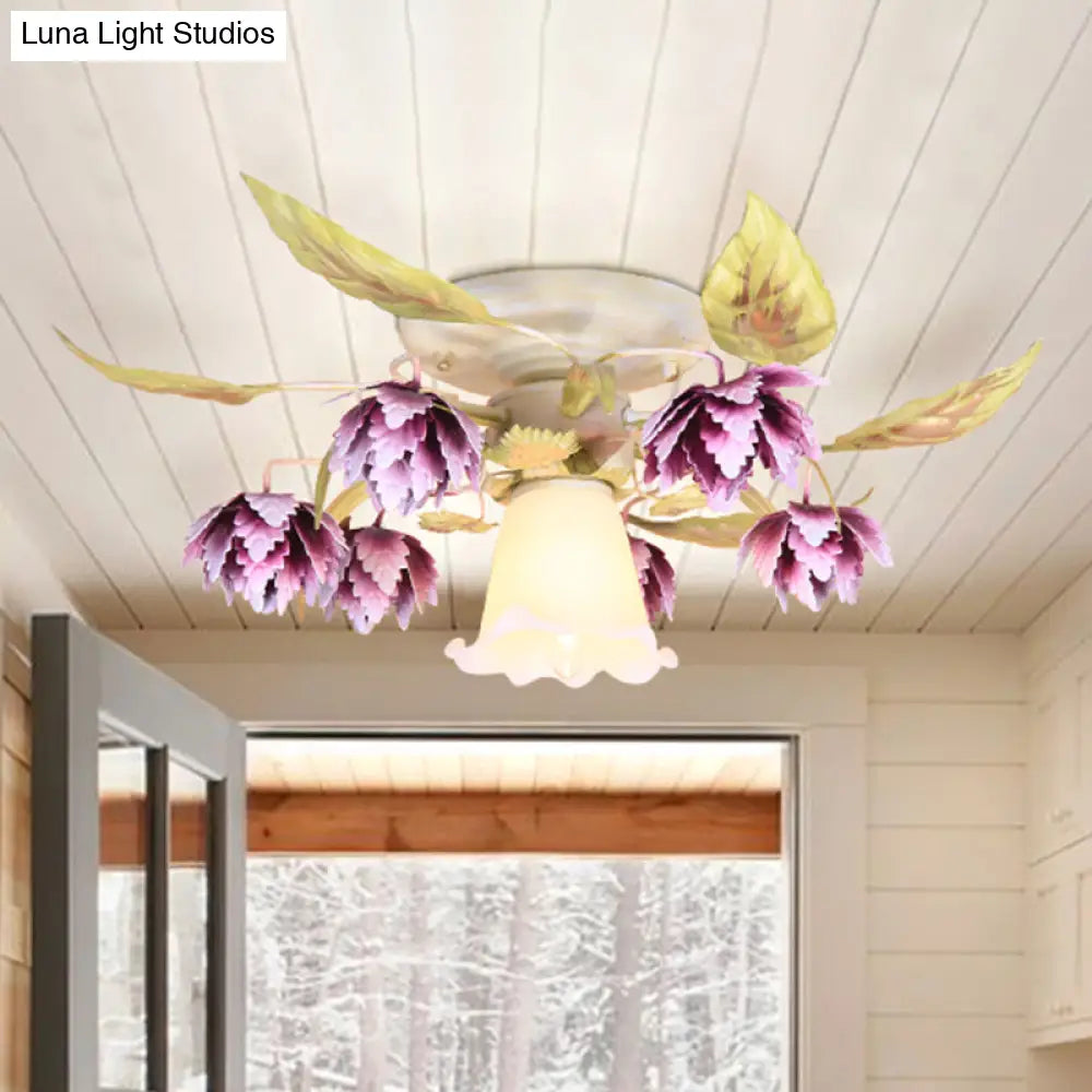 Pastoral White Metal Flower Semi Flush Mount Ceiling Light With Flared 1/4 Bulbs For Dining Room 1 /