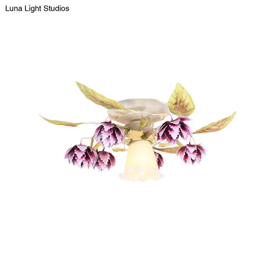 Pastoral White Metal Flower Semi Flush Mount Ceiling Light With Flared 1/4 Bulbs For Dining Room