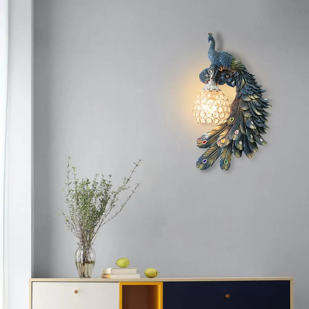 Peacock Blue Lodge Resin Wall Sconce Lighting With Clear Crystal Dome Shade - 1 Light Bedside /