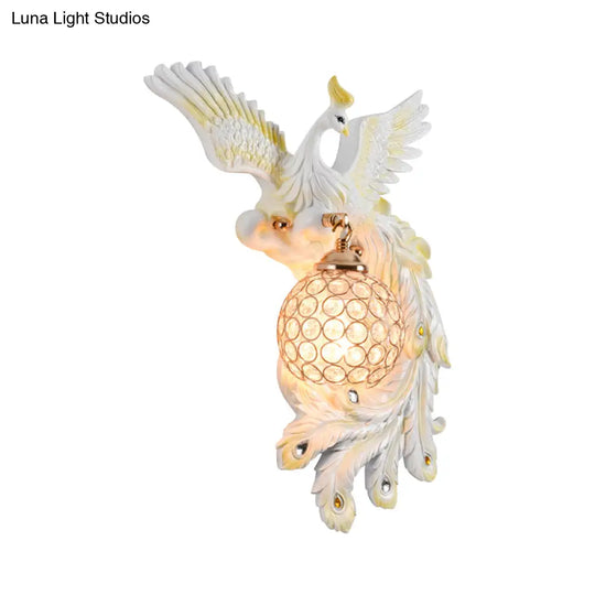 Peacock Flying Wall Mount Light: White/Green/Gold Resin With Crystal Shade Left/Right