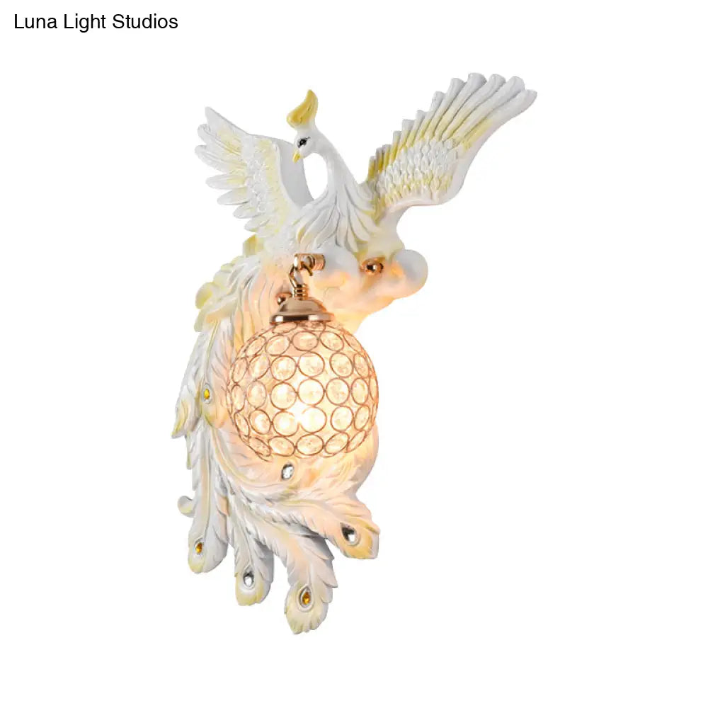 Peacock Flying Wall Mount Light: White/Green/Gold Resin With Crystal Shade Left/Right