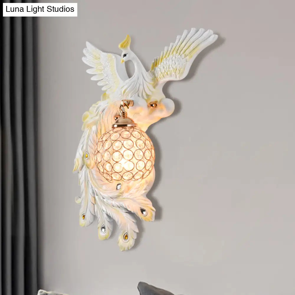 Peacock Flying Wall Mount Light: White/Green/Gold Resin With Crystal Shade Left/Right