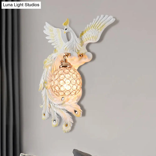 Peacock Flying Wall Mount Light: White/Green/Gold Resin With Crystal Shade Left/Right