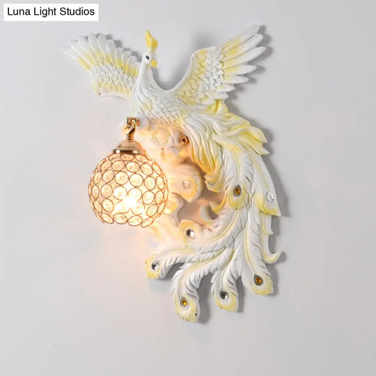 Peacock Flying Wall Mount Light: White/Green/Gold Resin With Crystal Shade Left/Right