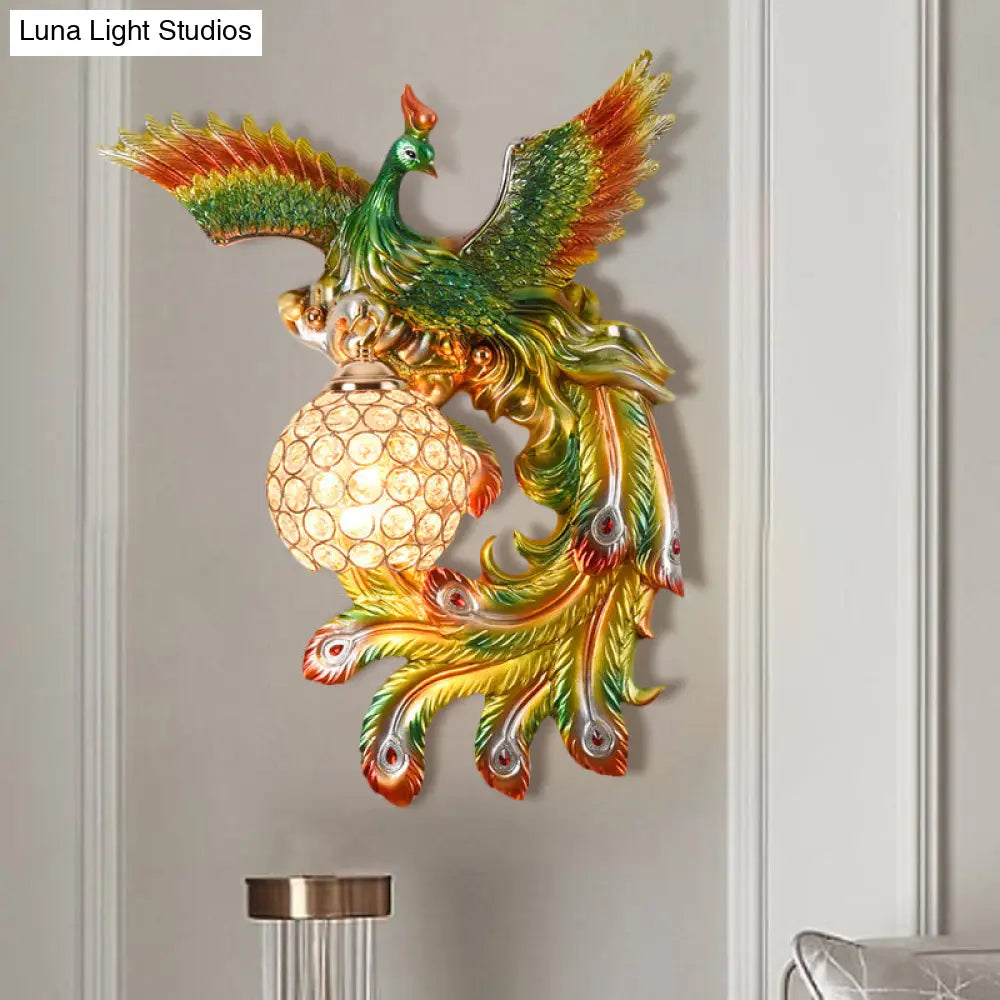 Peacock Flying Wall Mount Light: White/Green/Gold Resin With Crystal Shade Left/Right