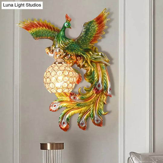 Peacock Flying Wall Mount Light: White/Green/Gold Resin With Crystal Shade Left/Right