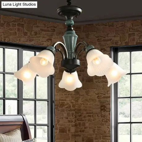 Peacock Green Rustic Ribbed Frosted Glass Chandelier - 5/6/8 Bulbs Drop Lamp With Flower Blossom