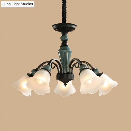 Peacock Green Rustic Ribbed Frosted Glass Chandelier - 5/6/8 Bulbs Drop Lamp With Flower Blossom