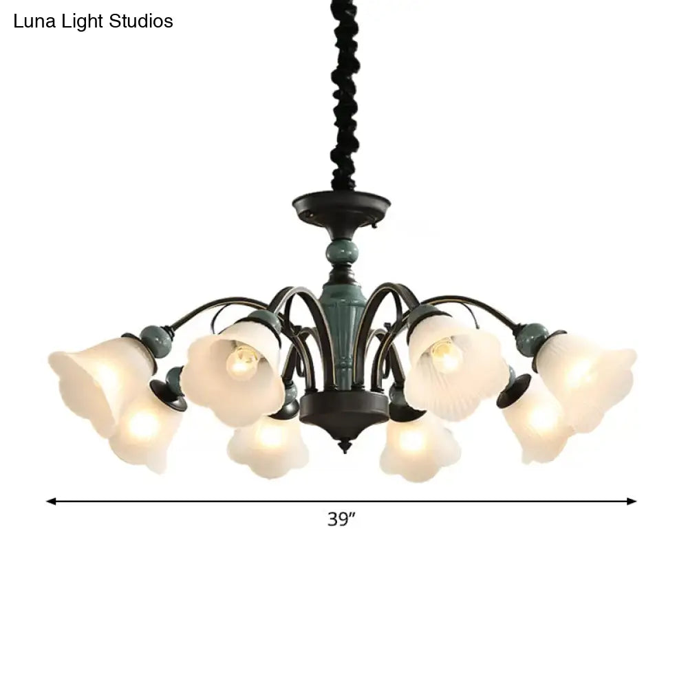 Peacock Green Rustic Ribbed Frosted Glass Chandelier - 5/6/8 Bulbs Drop Lamp With Flower Blossom