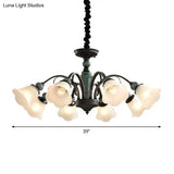 Peacock Green Rustic Ribbed Frosted Glass Chandelier - 5/6/8 Bulbs Drop Lamp With Flower Blossom