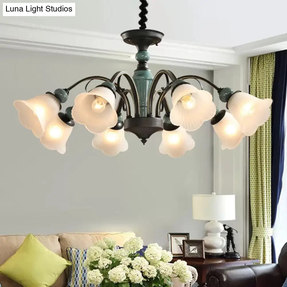Peacock Green Rustic Ribbed Frosted Glass Chandelier - 5/6/8 Bulbs Drop Lamp With Flower Blossom