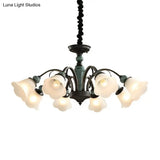Peacock Green Rustic Ribbed Frosted Glass Chandelier - 5/6/8 Bulbs Drop Lamp With Flower Blossom