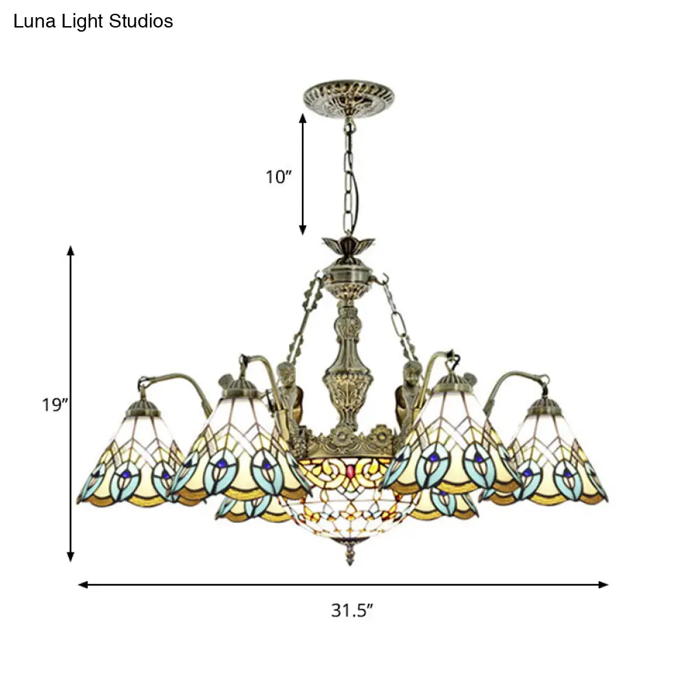 Peacock Pendant Chandelier Lamp - Tiffany Style Stained Glass With 9 Lights