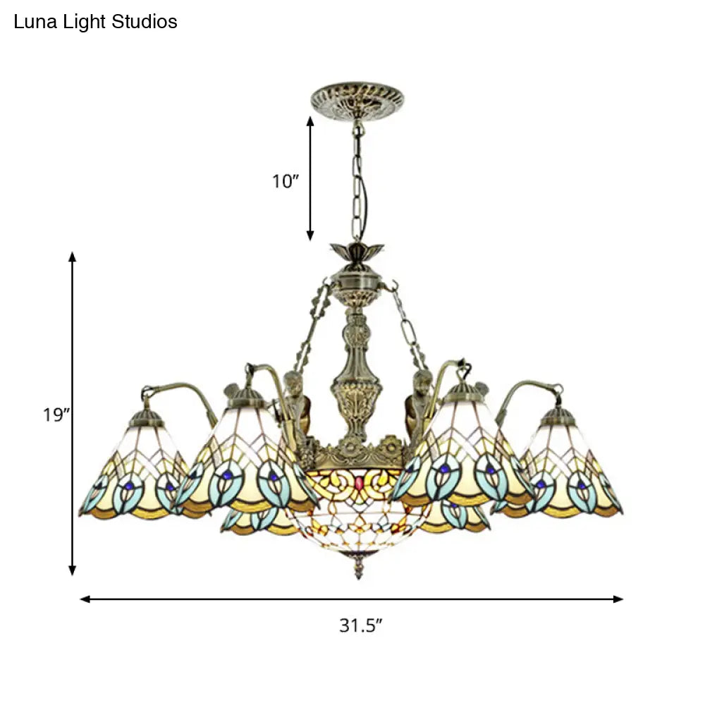 Peacock Pendant Light - Tiffany Style With 9 White Stained Glass Lights
