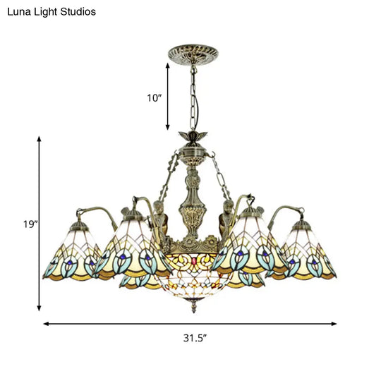Peacock Pendant Light - Tiffany Style With 9 White Stained Glass Lights
