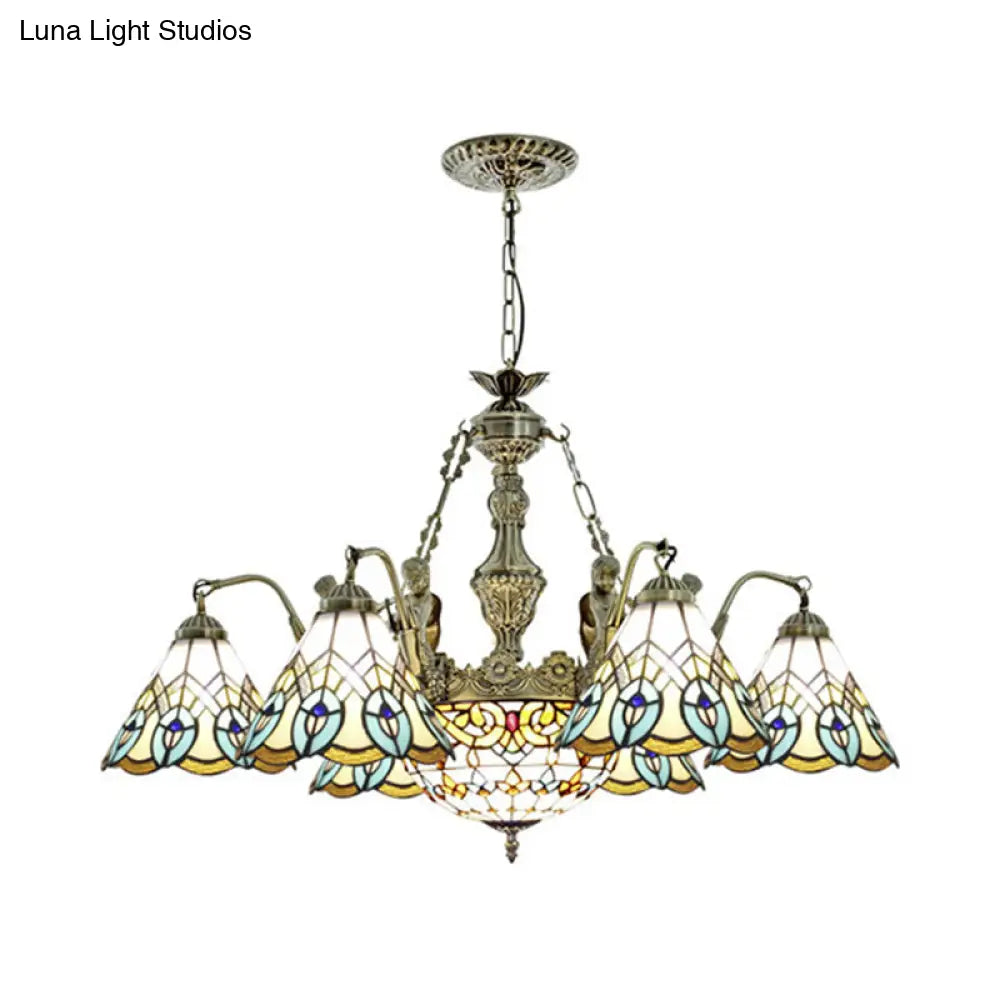 Peacock Pendant Chandelier Lamp - Tiffany Style Stained Glass With 9 Lights