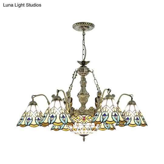 Peacock Pendant Chandelier Lamp - Tiffany Style Stained Glass With 9 Lights