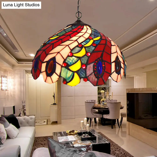 Peacock Tiffany-Style Red Stained Glass Ceiling Pendant Lamp