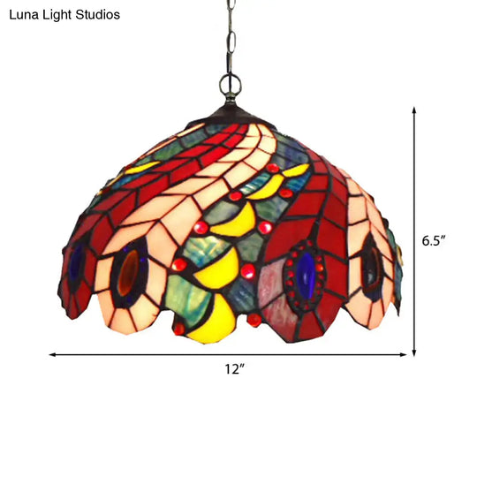Peacock Tiffany-Style Red Stained Glass Ceiling Pendant Lamp