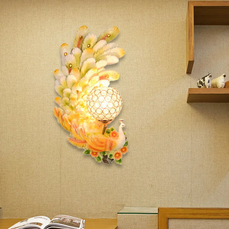 Peacock Wall Sconce With Crystal Shade - Country Resin 1-Light In Yellow/Green (1/2 Pack) Yellow /