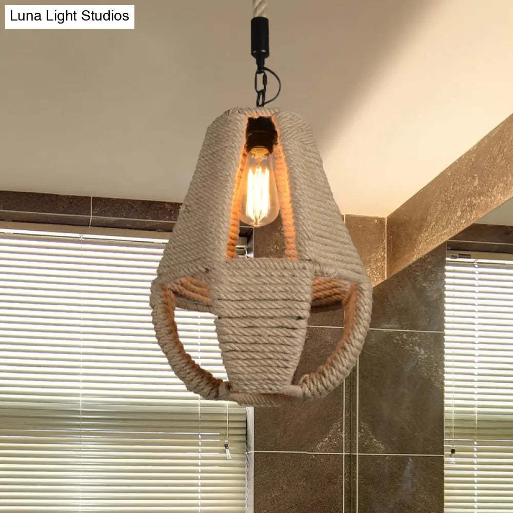 Pear Shape Pendant Light With Industrial Beige Rope - Ideal For Coffee House