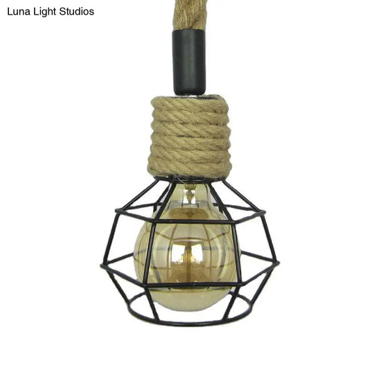 Rustic Mini Pendant Lamp With Iron Cage And Rope Accent - Perfect For Rural Wine Bars