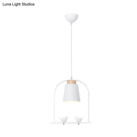 Pendulum Macaron Light Kit: Iron Bucket Lamp With Arch Frame & Bird Decor Grey/Yellow/Pink 1 Head
