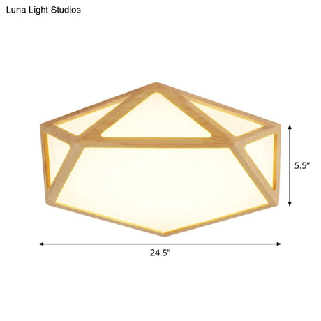 Pentagon Parlor Led Ceiling Fixture – Minimalist Flush Lamp In Beige With Wood Frame -