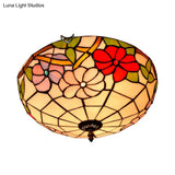 Peony Ceiling Light - Tiffany Bronze Stained Glass Flush Mount Fixture For Bedroom